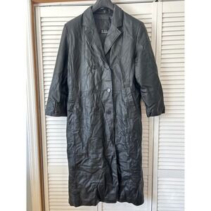 NYDA Black Leather Double Breasted Long‎ Trench Coat Women's Size L Goth Office